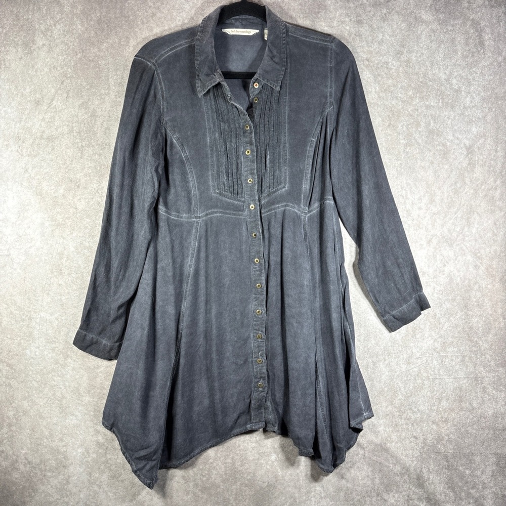 Soft Surroundings Tunic Womens Medium Gray Sharkbite Hem Pleated Boho Casual
